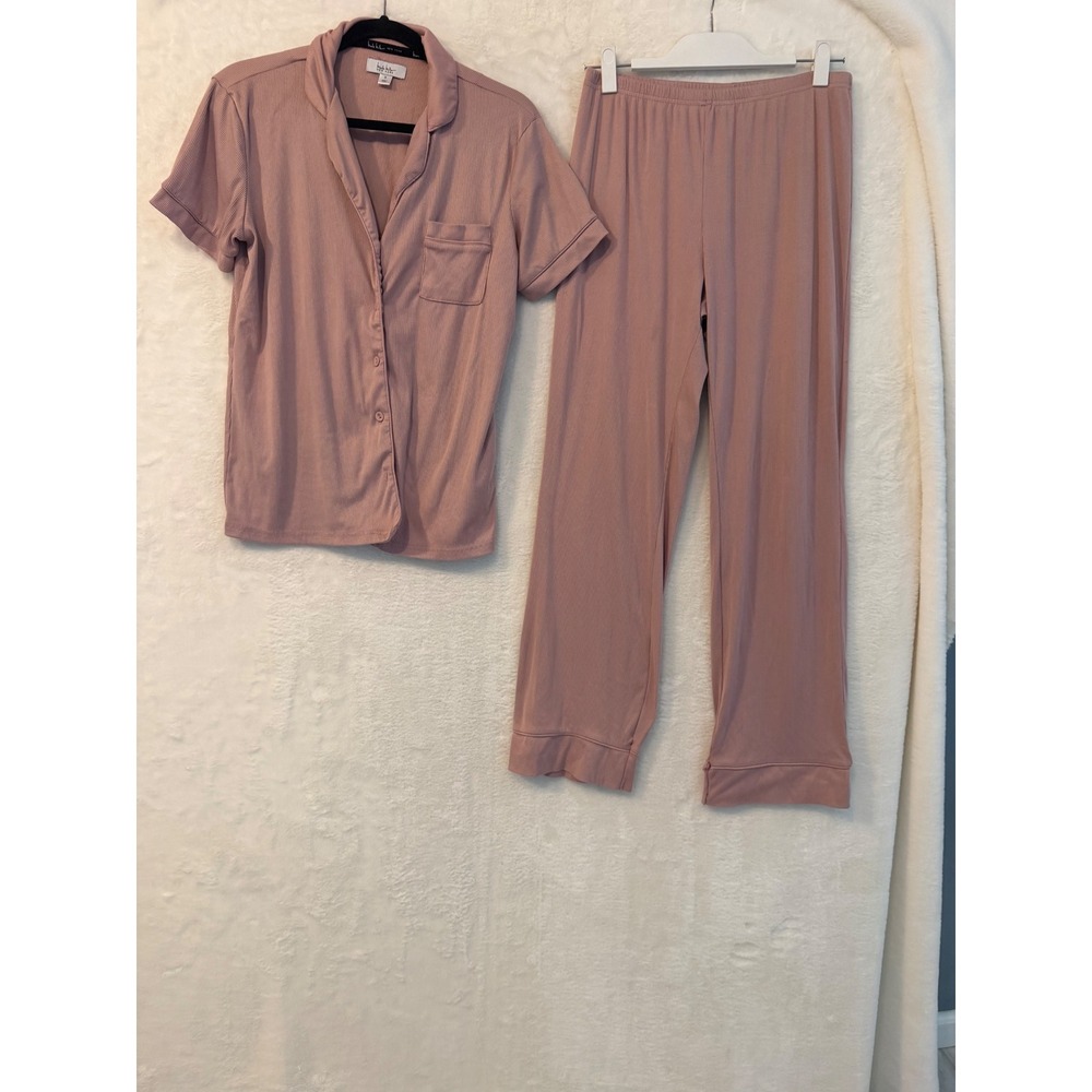 Nicole Miller New York Pajama Set Womens Small Pink Ribbed Knit 2pc Loungewear